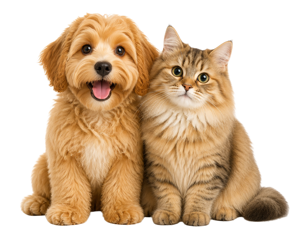 Cachorro e gato sentados lado a lado