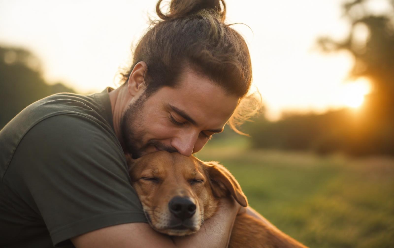 Tutor abraçando carinhosamente seu cachorro ao pôr do sol